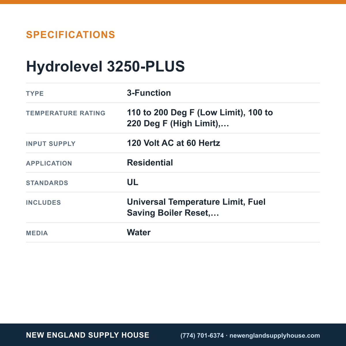 Hydrolevel 3250-PLUS Oil Fired Boiler Low Water Cut-Off specifications — New England Supply House [NESH-SPECTABLE-V1]