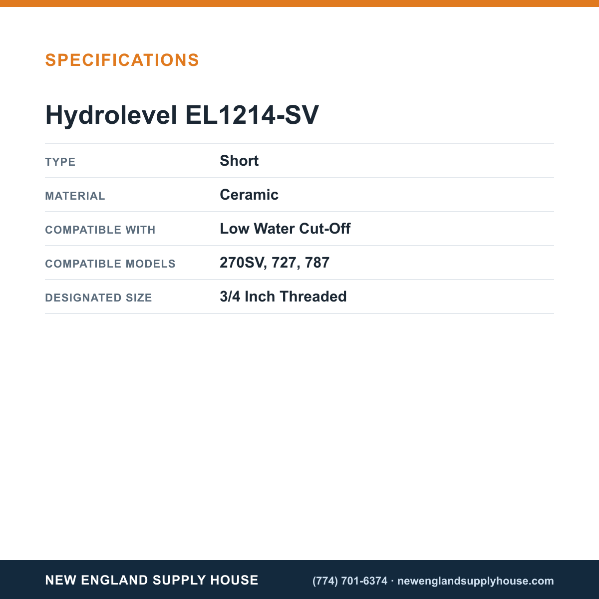Hydrolevel EL1214-SV Water Cut-Off Controller Probe specifications — New England Supply House [NESH-SPECTABLE-V1]