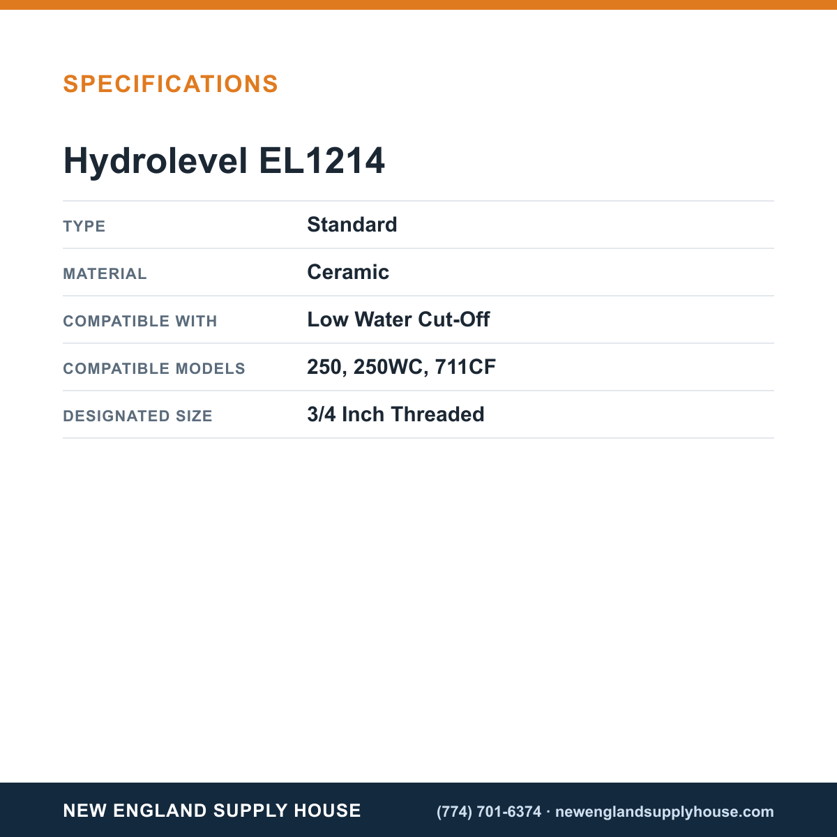 Hydrolevel EL1214 Water Cut-Off Controller Probe specifications — New England Supply House [NESH-SPECTABLE-V1]