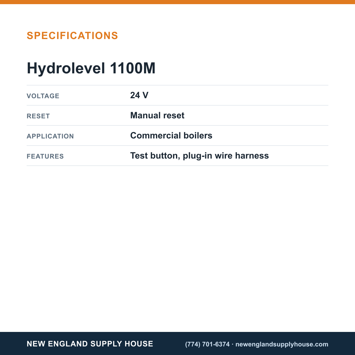 Hydrolevel 1100M Low-Water Cut-Off specifications — New England Supply House [NESH-SPECTABLE-V1]