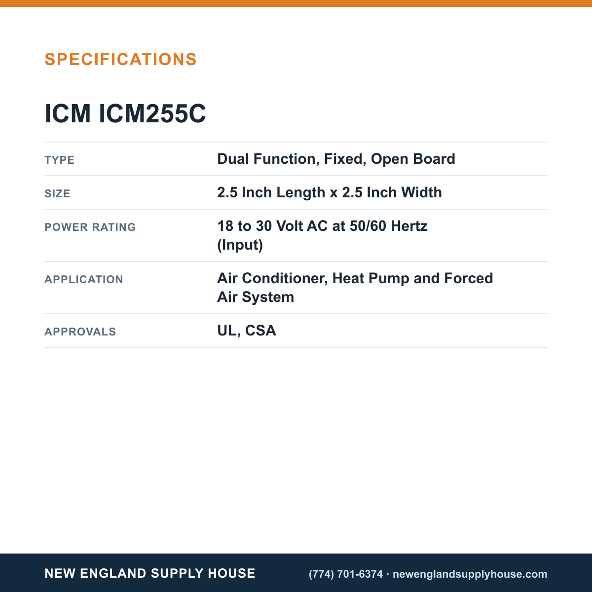 ICM Controls ICM255C Fan Delay Timer specifications — New England Supply House [NESH-SPECTABLE-V1]