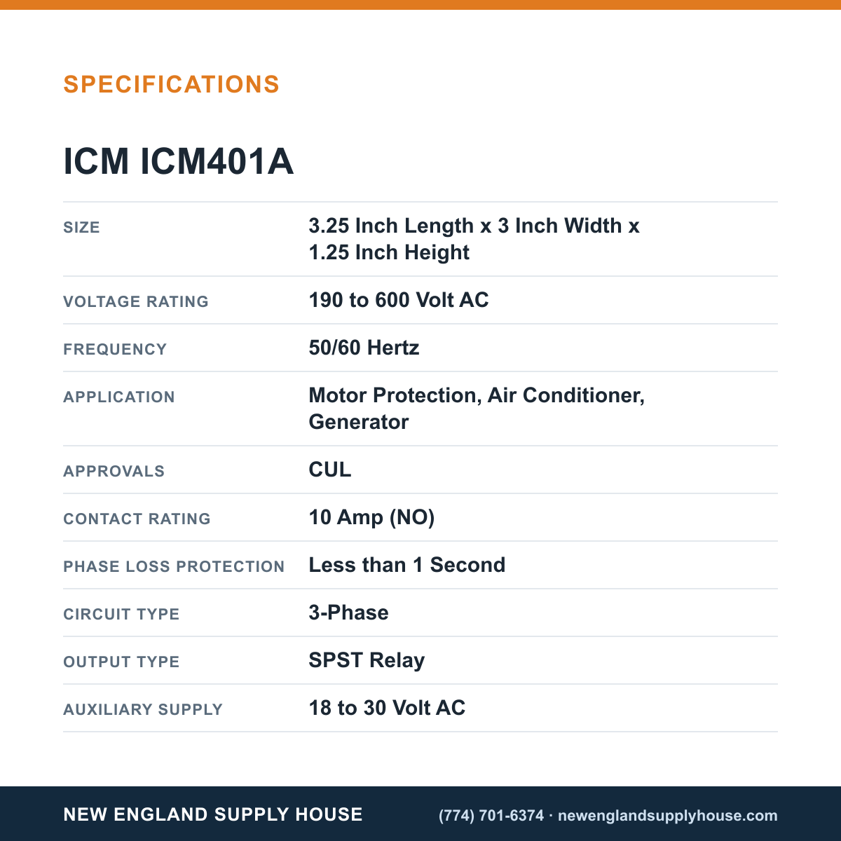 ICM Controls ICM401A Line Voltage Monitor specifications — New England Supply House [NESH-SPECTABLE-V1]
