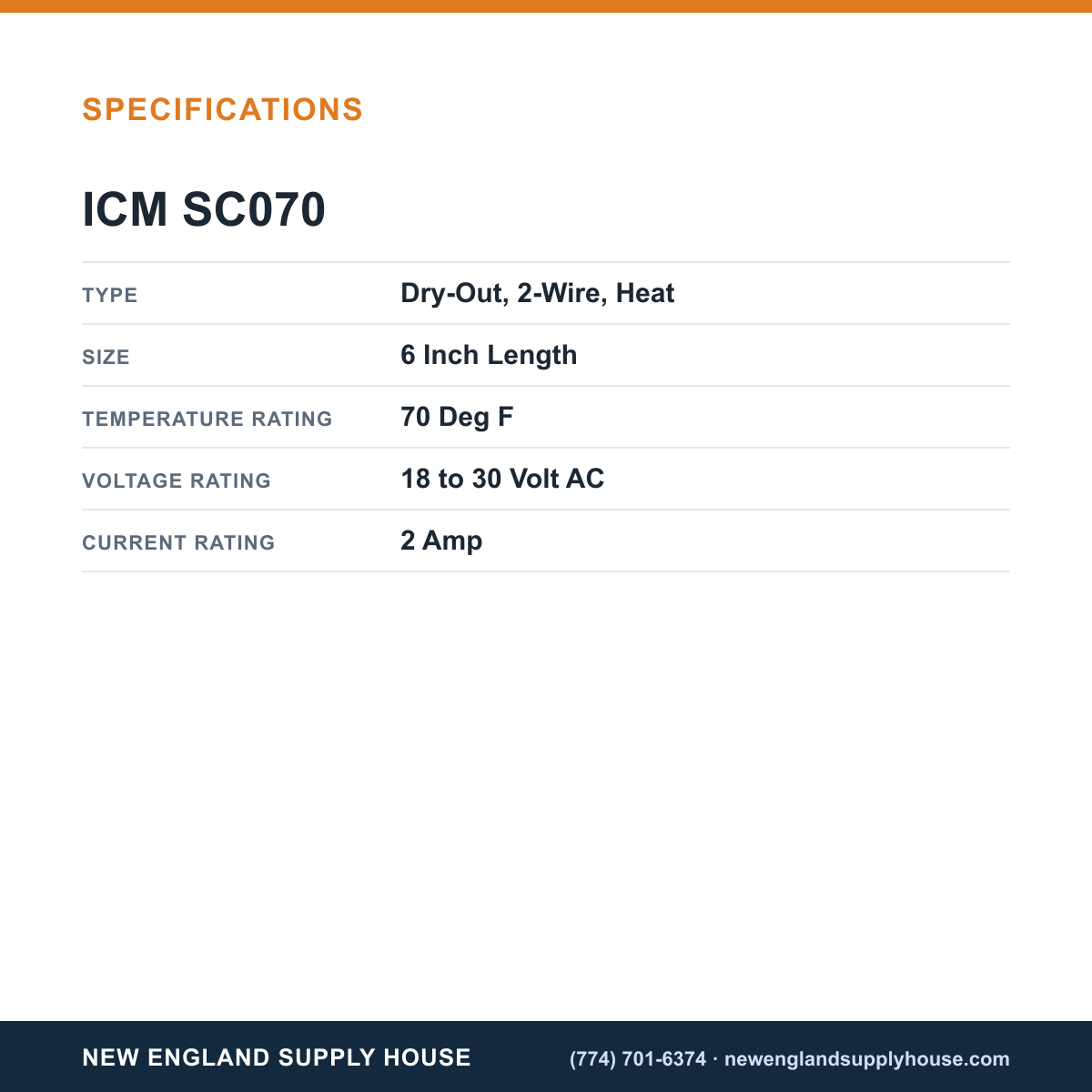 ICM Controls SC070 Thermostat specifications — New England Supply House [NESH-SPECTABLE-V1]