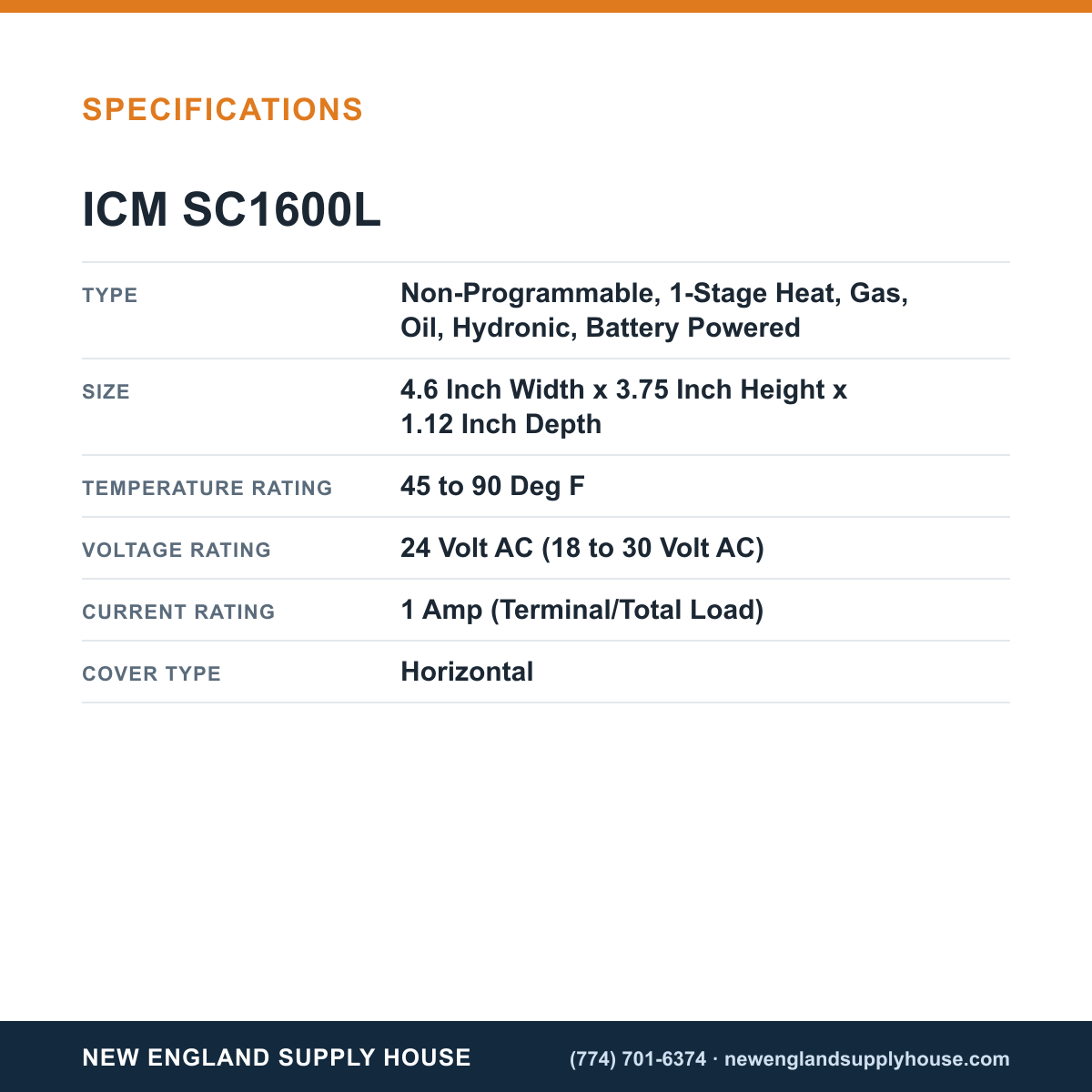 ICM Controls SC1600L Thermostat specifications — New England Supply House [NESH-SPECTABLE-V1]