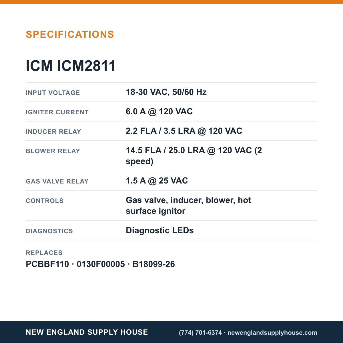 ICM Controls ICM2811 Ignition Board specifications — New England Supply House [NESH-SPECTABLE-V1]