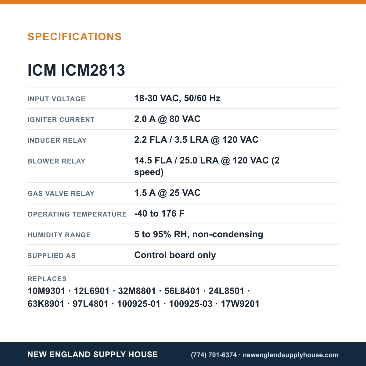 ICM Controls ICM2813 Control Board specifications — New England Supply House [NESH-SPECTABLE-V1]