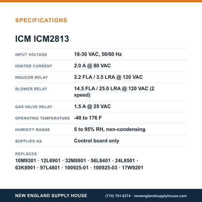 ICM Controls ICM2813 Control Board specifications — New England Supply House [NESH-SPECTABLE-V1]