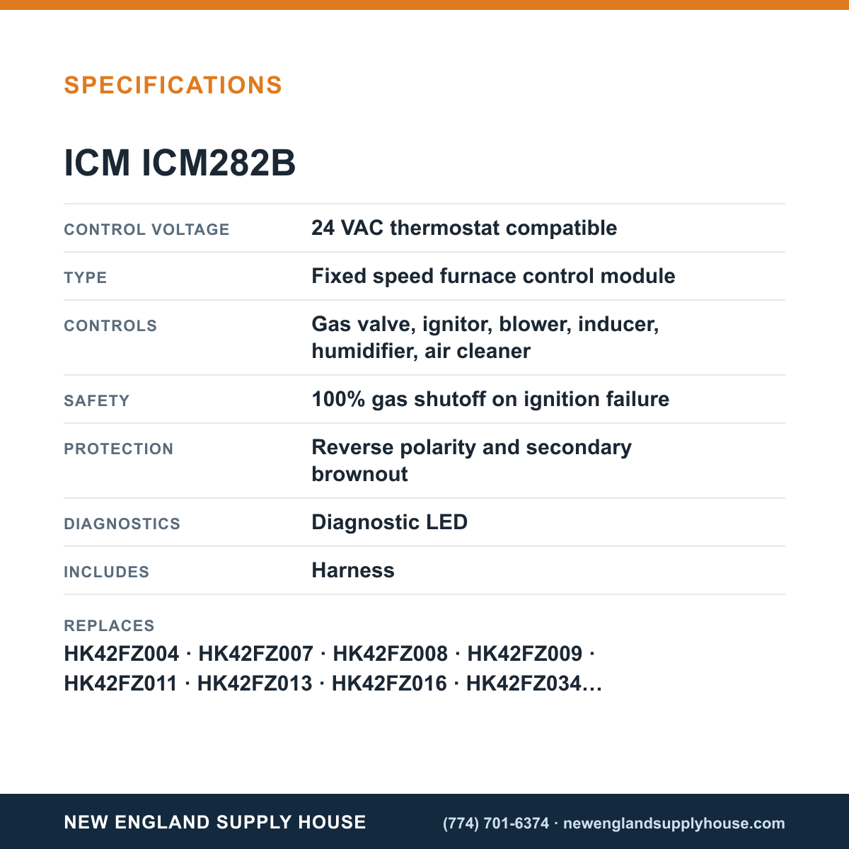 ICM Controls ICM282B Furnace Board specifications — New England Supply House [NESH-SPECTABLE-V1]