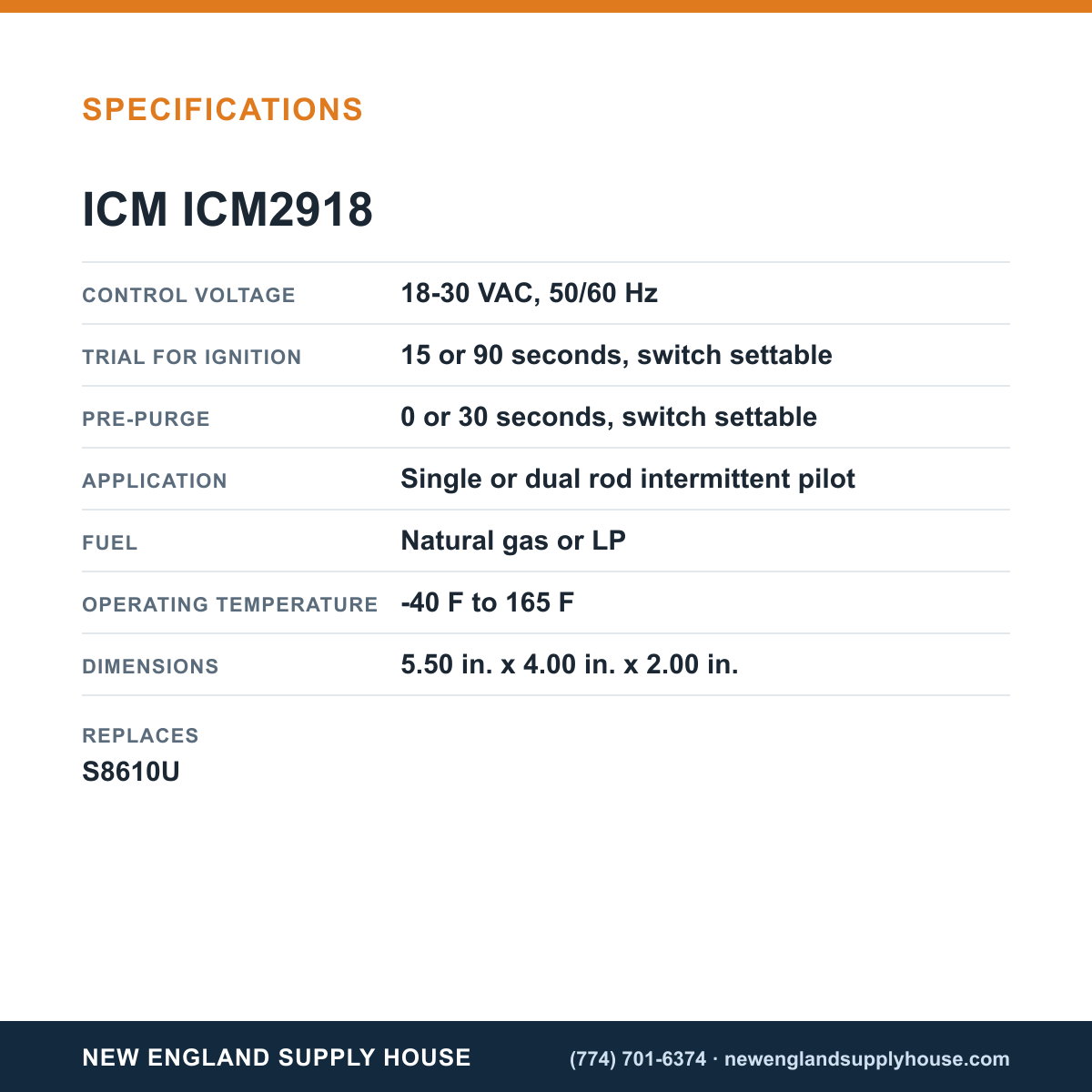 ICM Controls ICM2918 Ignition Control Board specifications — New England Supply House [NESH-SPECTABLE-V1]
