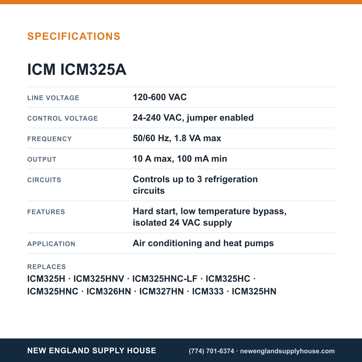 ICM Controls ICM325A Head Pressure Control specifications — New England Supply House [NESH-SPECTABLE-V1]