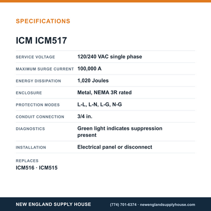 ICM Controls ICM517 Surge Protective Device specifications — New England Supply House [NESH-SPECTABLE-V1]