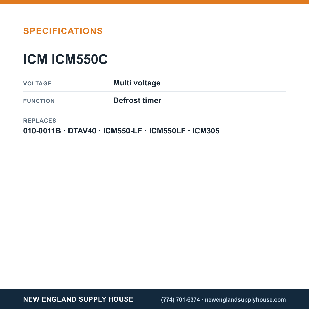 ICM Controls ICM550C Defrost Timer specifications — New England Supply House [NESH-SPECTABLE-V1]