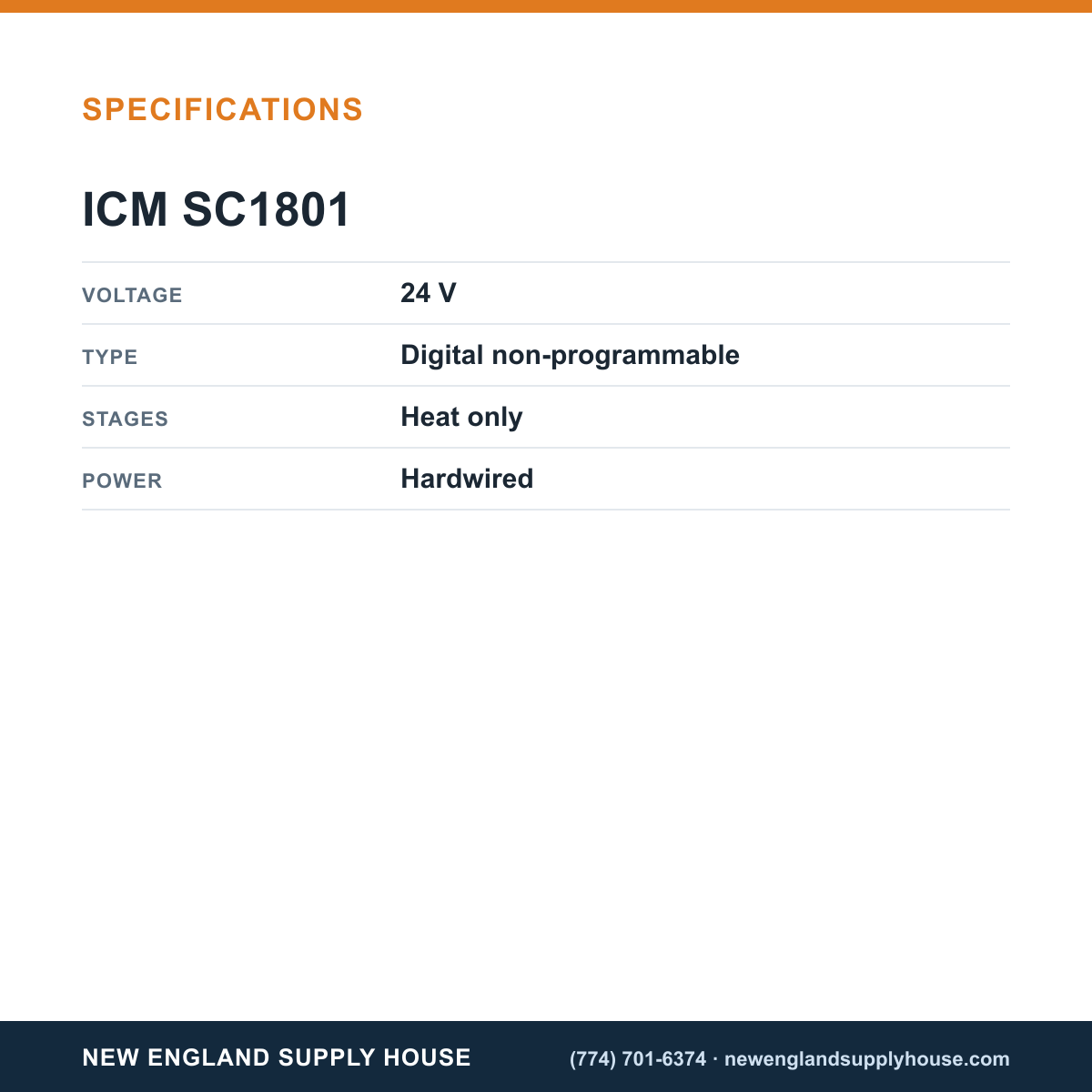 ICM Controls SC1801 Heat-Only Thermostat specifications — New England Supply House [NESH-SPECTABLE-V1]