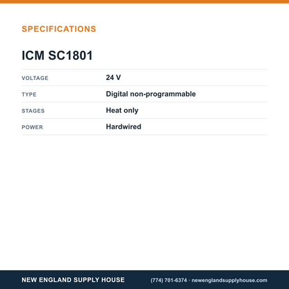 ICM Controls SC1801 Heat-Only Thermostat specifications — New England Supply House [NESH-SPECTABLE-V1]