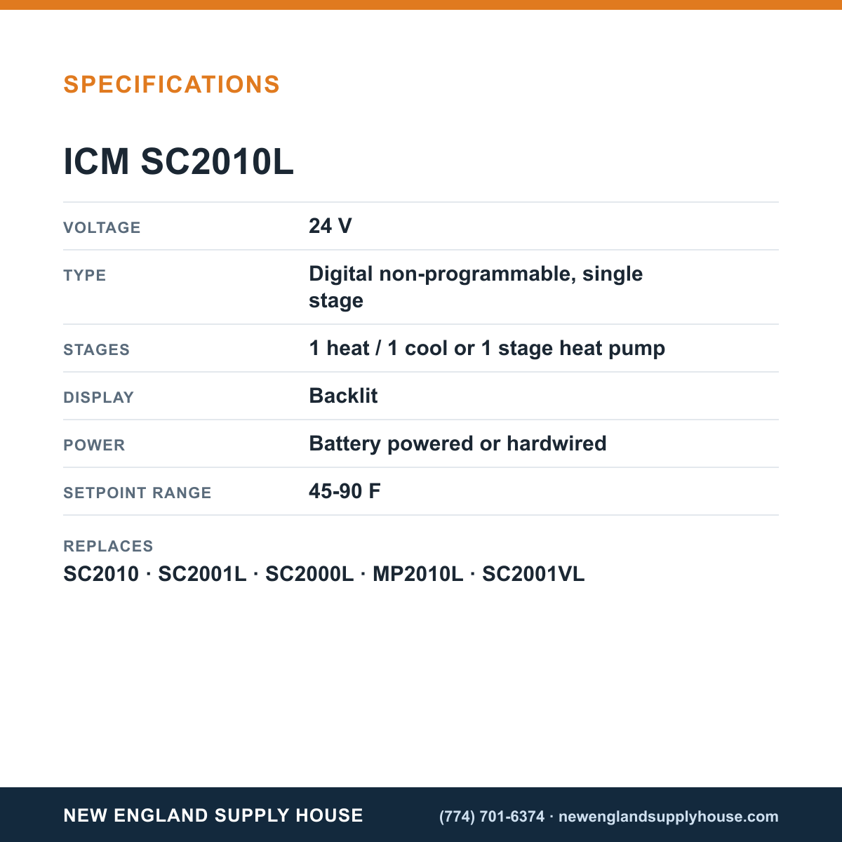 ICM Controls SC2010L Thermostat specifications — New England Supply House [NESH-SPECTABLE-V1]