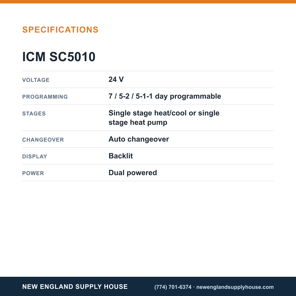 ICM Controls SC5010 Programmable Thermostat specifications — New England Supply House [NESH-SPECTABLE-V1]