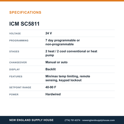 ICM Controls SC5811 Thermostat specifications — New England Supply House [NESH-SPECTABLE-V1]