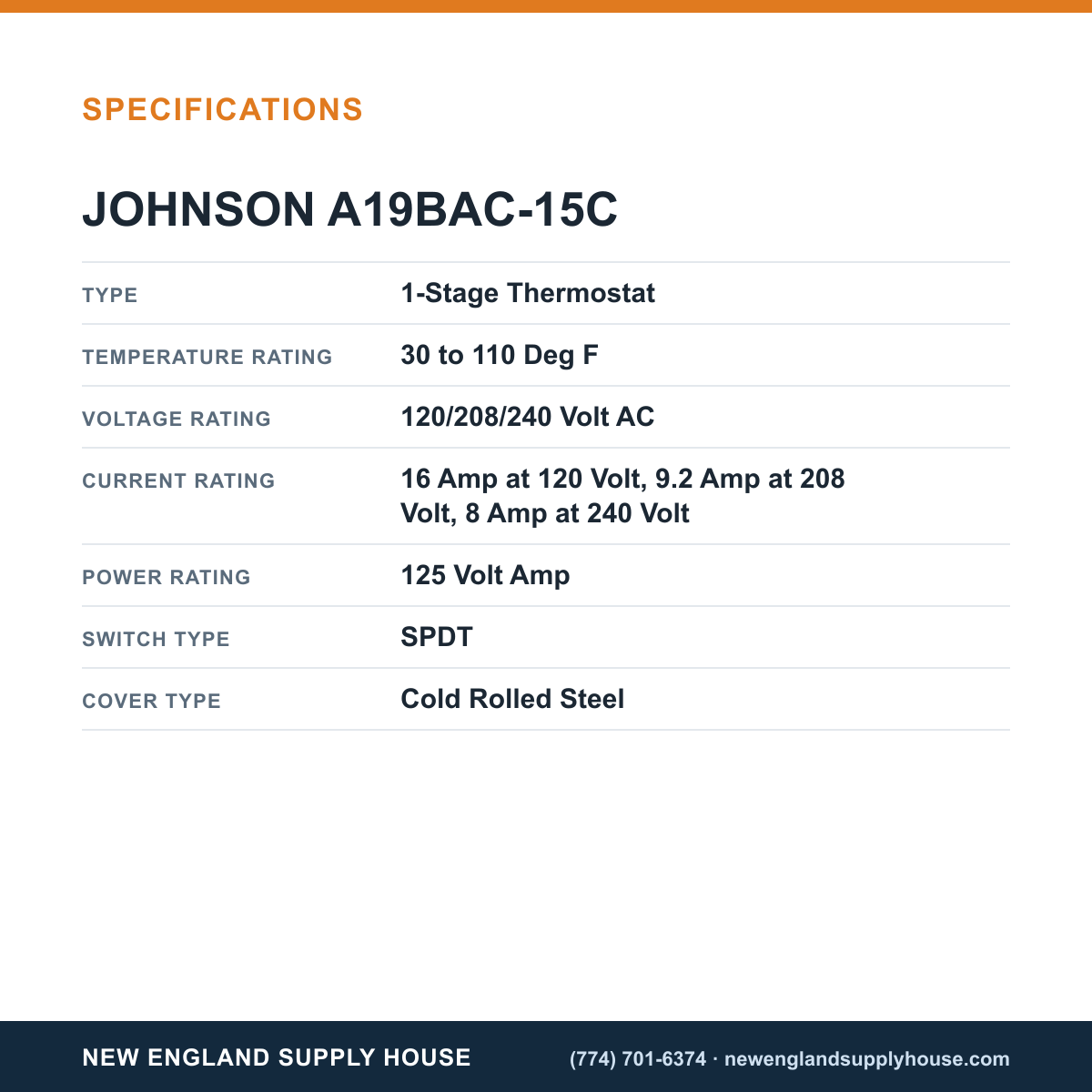 Johnson Controls A19BAC-15C Coiled Thermostat specifications — New England Supply House [NESH-SPECTABLE-V1]