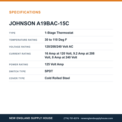 Johnson Controls A19BAC-15C Coiled Thermostat specifications — New England Supply House [NESH-SPECTABLE-V1]