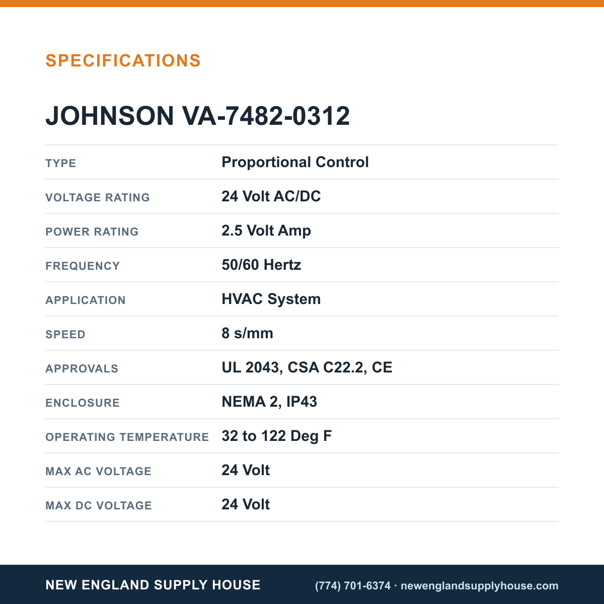 Johnson Controls VA-7482-0312 Electric Valve Actuator specifications — New England Supply House [NESH-SPECTABLE-V1]