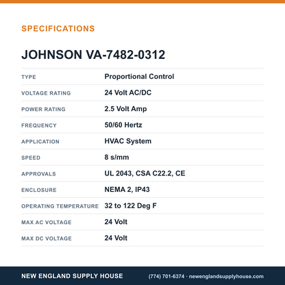 Johnson Controls VA-7482-0312 Electric Valve Actuator specifications — New England Supply House [NESH-SPECTABLE-V1]