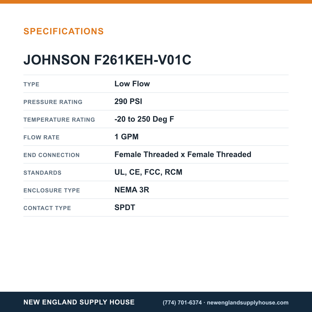 Johnson Controls F261KEH-V01C Fluid Flow Switch specifications — New England Supply House [NESH-SPECTABLE-V1]