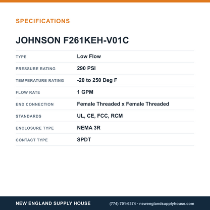 Johnson Controls F261KEH-V01C Fluid Flow Switch specifications — New England Supply House [NESH-SPECTABLE-V1]