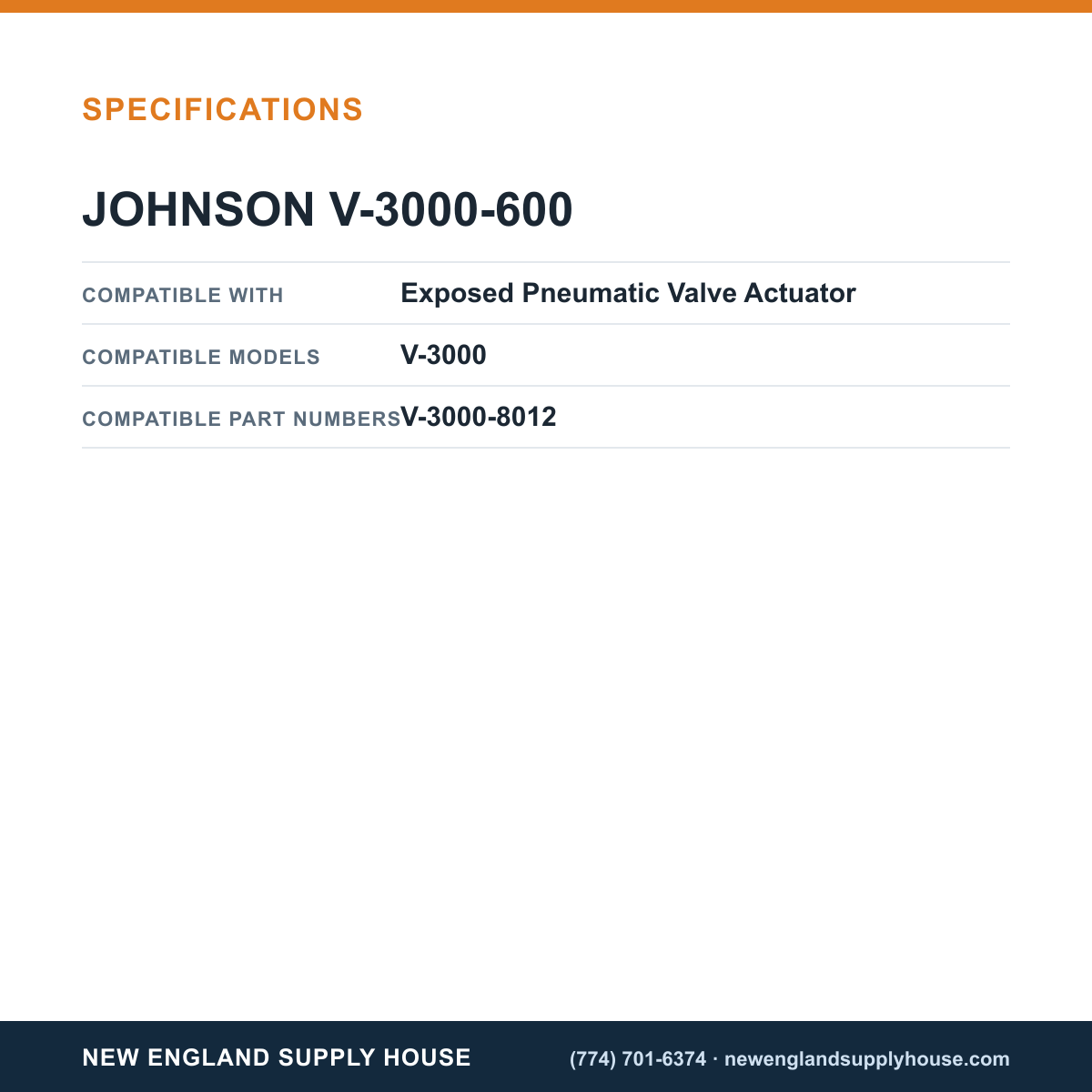 Johnson Controls V-3000-600 Pneumatic Valve Exposed Actuator Diaphragm specifications — New England Supply House [NESH-SPECTABLE-V1]