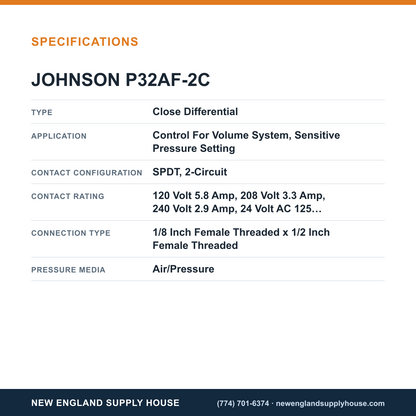 Johnson Controls P32AF-2C Pressure Switch specifications — New England Supply House [NESH-SPECTABLE-V1]