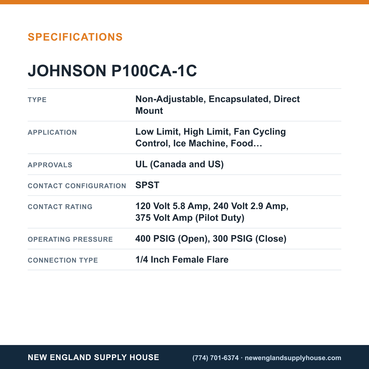 Johnson Controls P100CA-1C Pressure Switch specifications — New England Supply House [NESH-SPECTABLE-V1]
