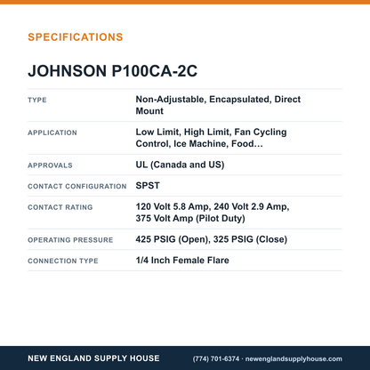 Johnson Controls P100CA-2C Pressure Switch specifications — New England Supply House [NESH-SPECTABLE-V1]