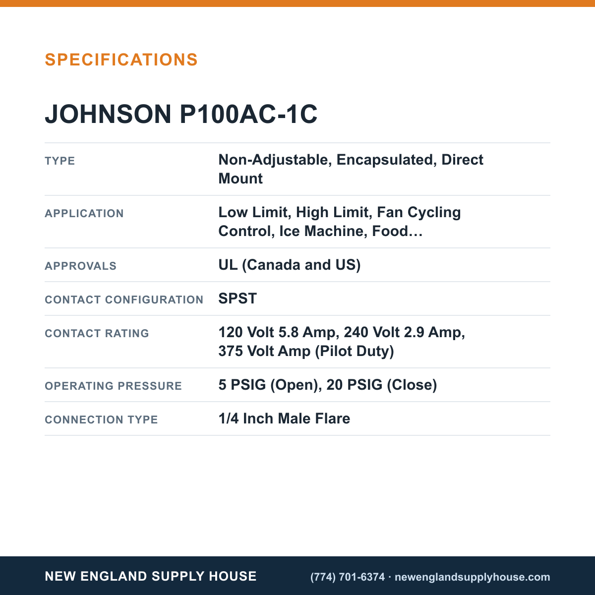 Johnson Controls P100AC-1C Pressure Switch specifications — New England Supply House [NESH-SPECTABLE-V1]
