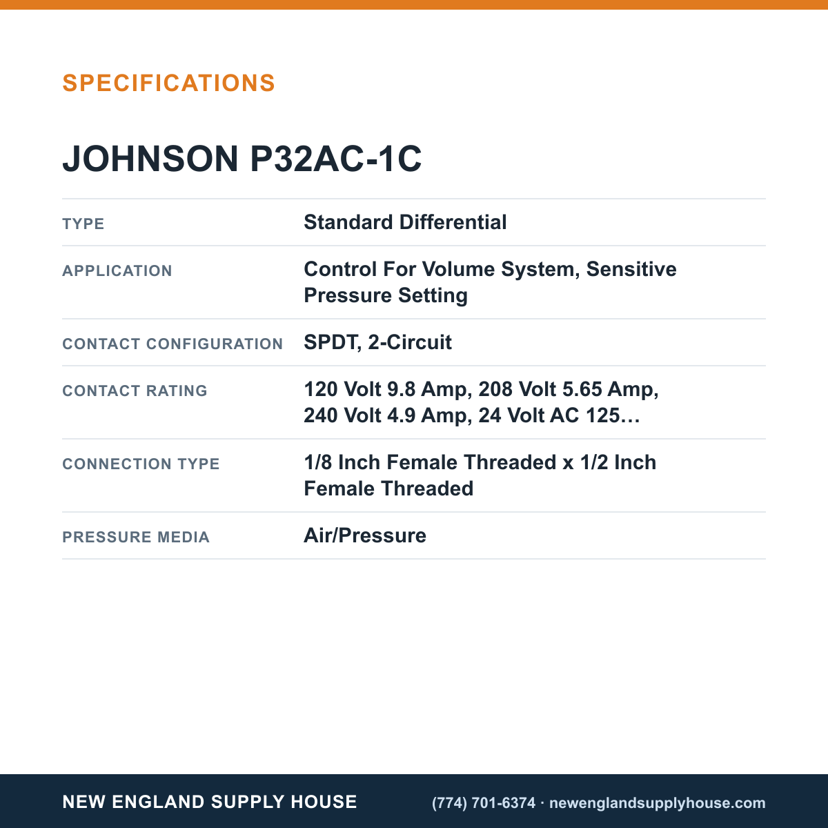 Johnson Controls P32AC-1C Pressure Switch specifications — New England Supply House [NESH-SPECTABLE-V1]