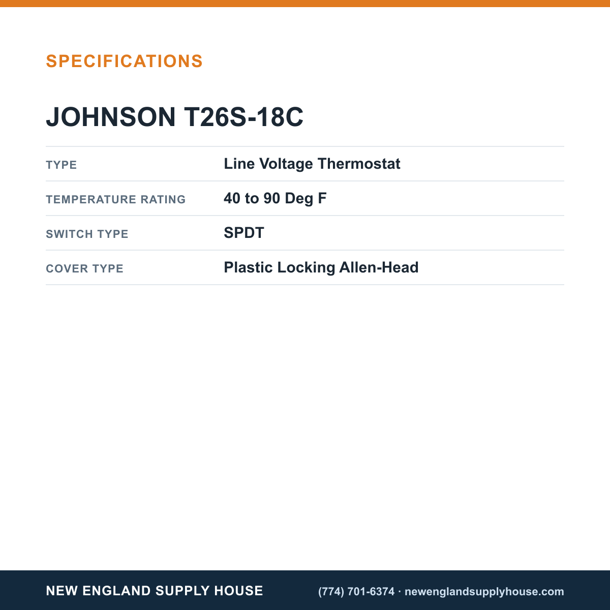 Johnson Controls T26S-18C Thermostat specifications — New England Supply House [NESH-SPECTABLE-V1]