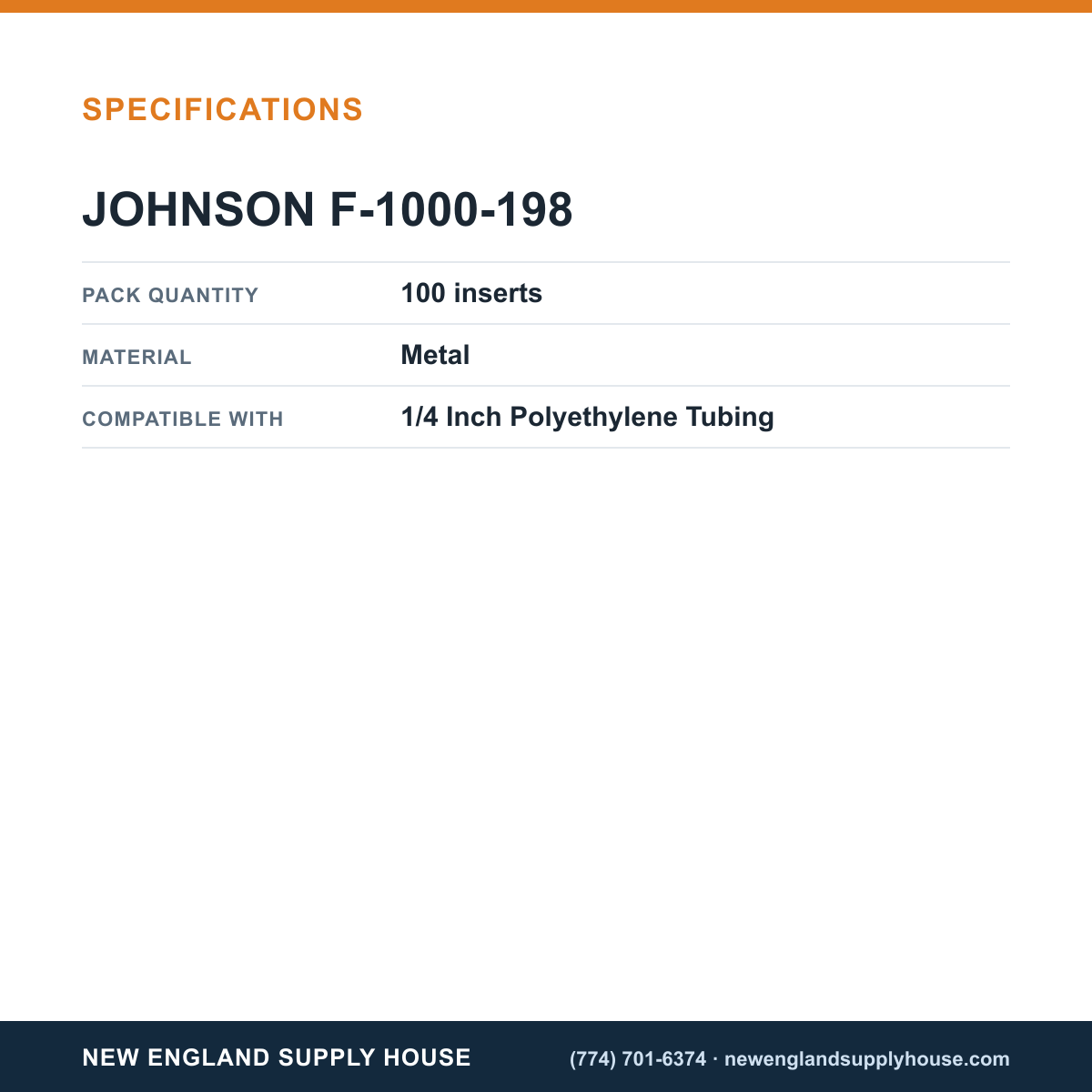 Johnson Controls F-1000-198 Tubing Insert (Pack of 100) specifications — New England Supply House [NESH-SPECTABLE-V1]
