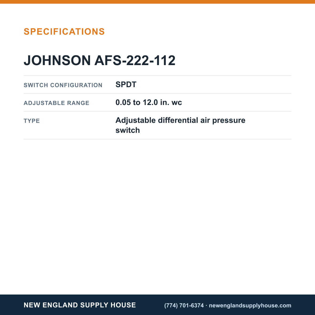 Johnson Controls AFS-222-112 Air Pressure Switch specifications — New England Supply House [NESH-SPECTABLE-V1]