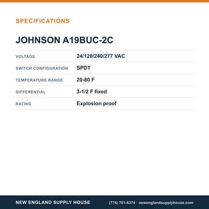 Johnson Controls A19BUC-2C Explosion-Proof Thermostat specifications — New England Supply House [NESH-SPECTABLE-V1]