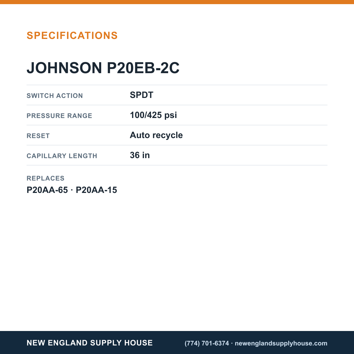 Johnson Controls P20EB-2C Pressure Switch specifications — New England Supply House [NESH-SPECTABLE-V1]