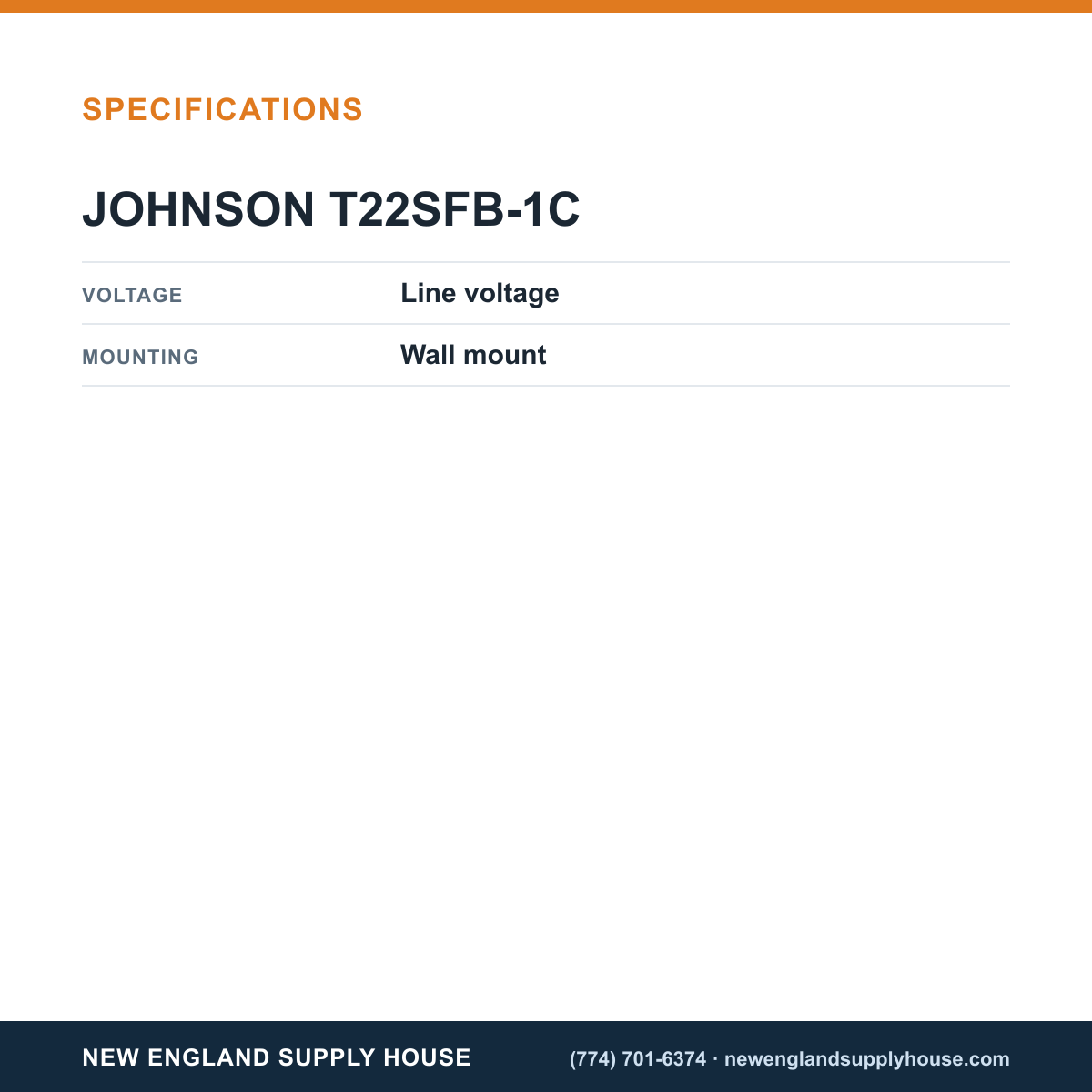 Johnson Controls T22SFB-1C Line Voltage Thermostat specifications — New England Supply House [NESH-SPECTABLE-V1]