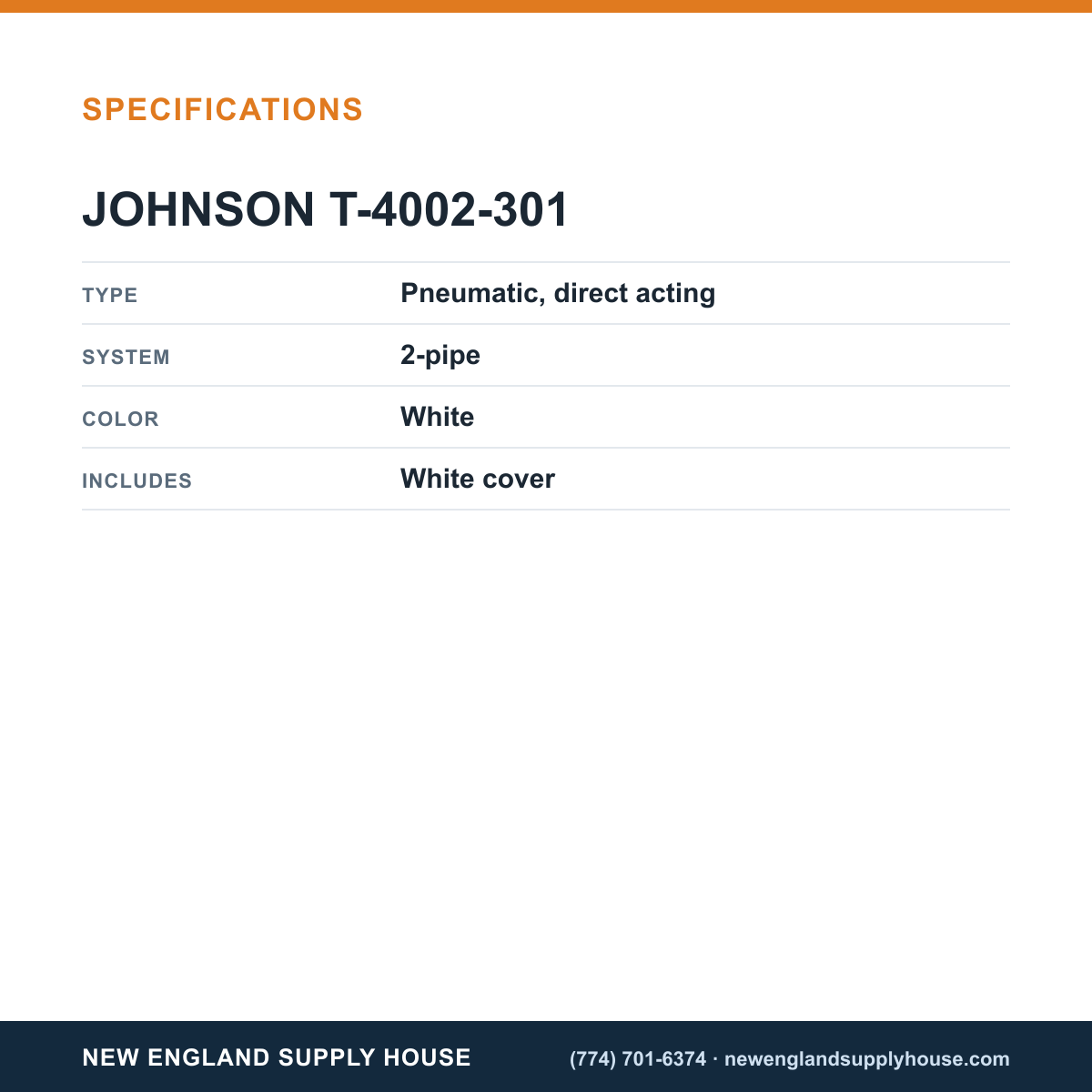 Johnson Controls T-4002-301 Pneumatic Thermostat specifications — New England Supply House [NESH-SPECTABLE-V1]