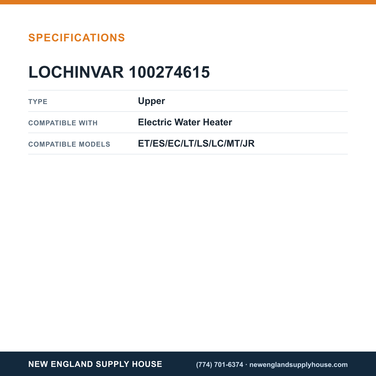 Lochinvar 100274615 Water Heater Thermostat specifications — New England Supply House [NESH-SPECTABLE-V1]
