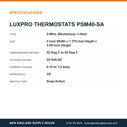 Lux PSM40-SA Thermostat specifications — New England Supply House [NESH-SPECTABLE-V1]