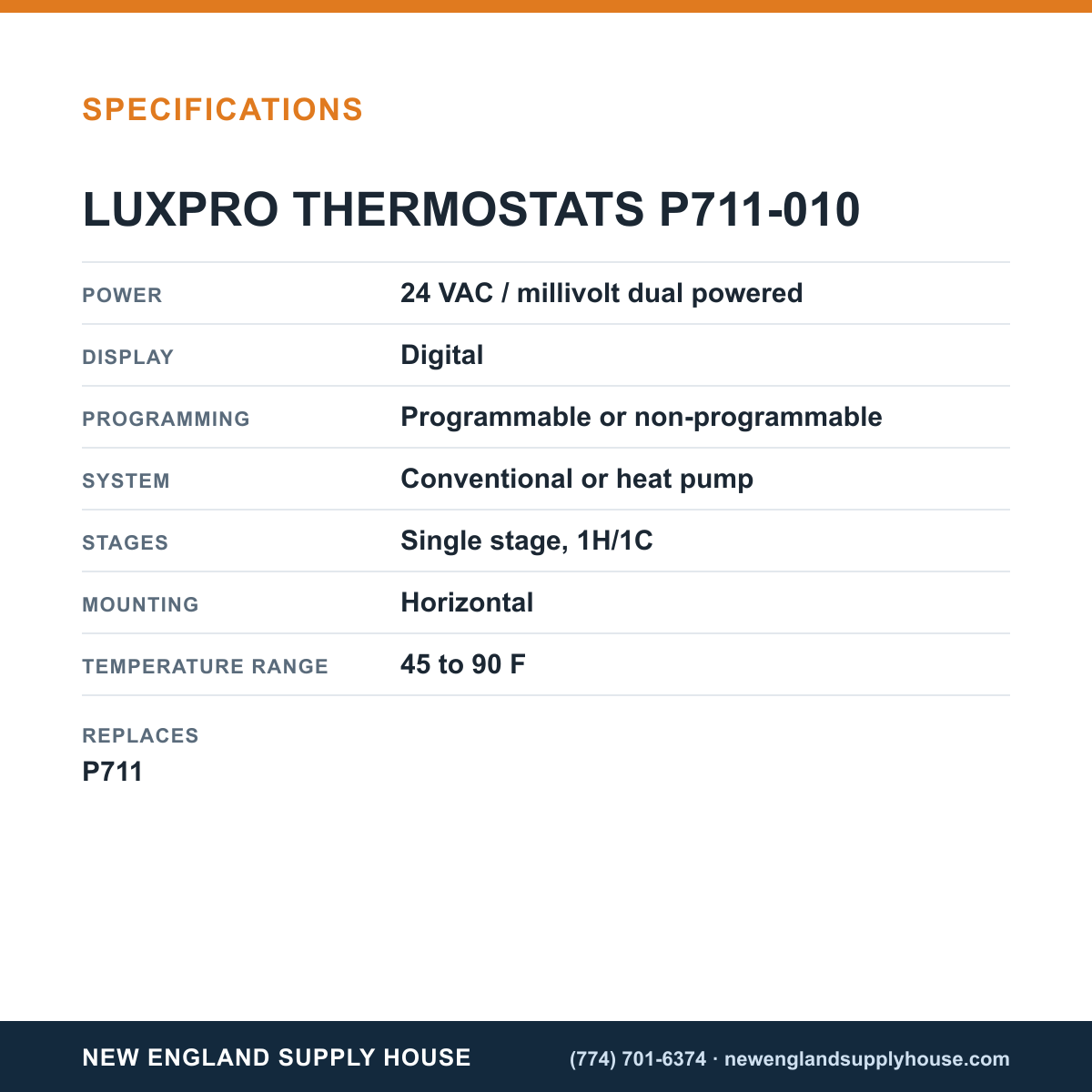 Lux P711-010 Thermostat specifications — New England Supply House [NESH-SPECTABLE-V1]
