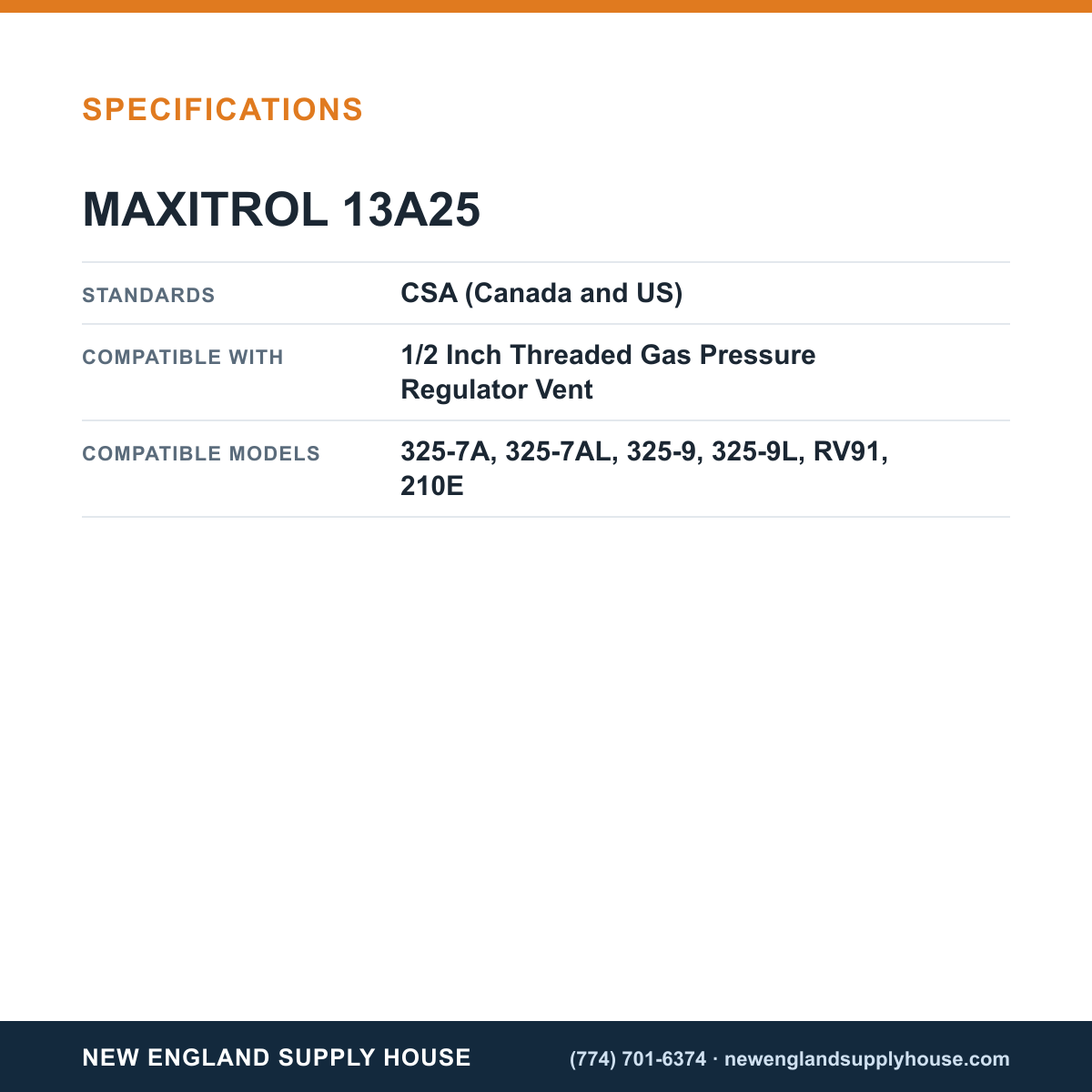 Maxitrol 13A25 Gas Pressure Regulator Vent Protector specifications — New England Supply House [NESH-SPECTABLE-V1]