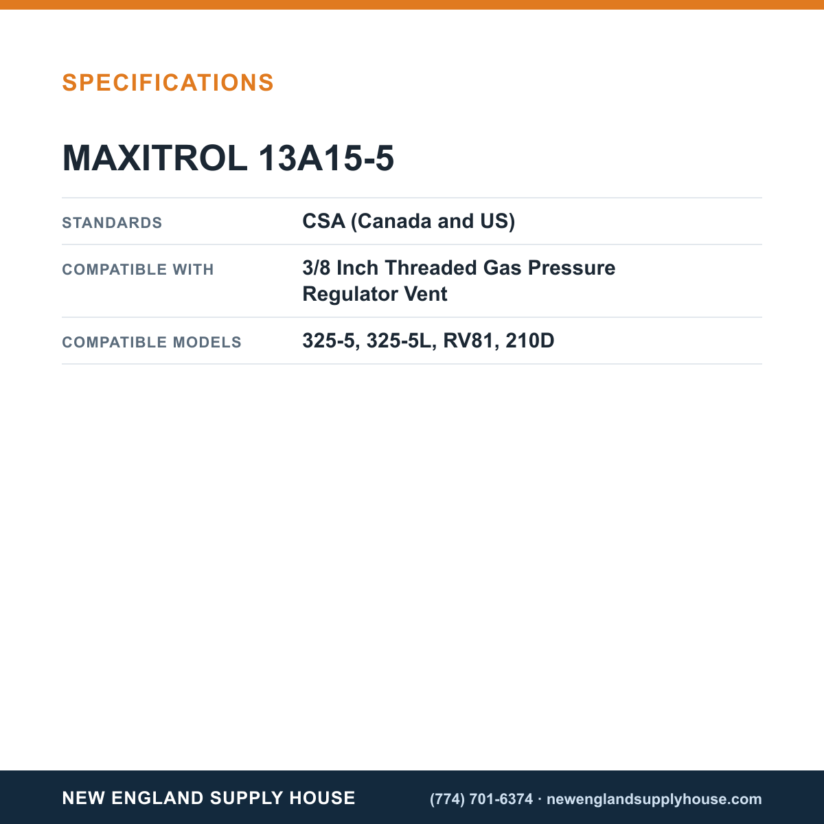 Maxitrol 13A15-5 Gas Pressure Regulator Vent Protector specifications — New England Supply House [NESH-SPECTABLE-V1]
