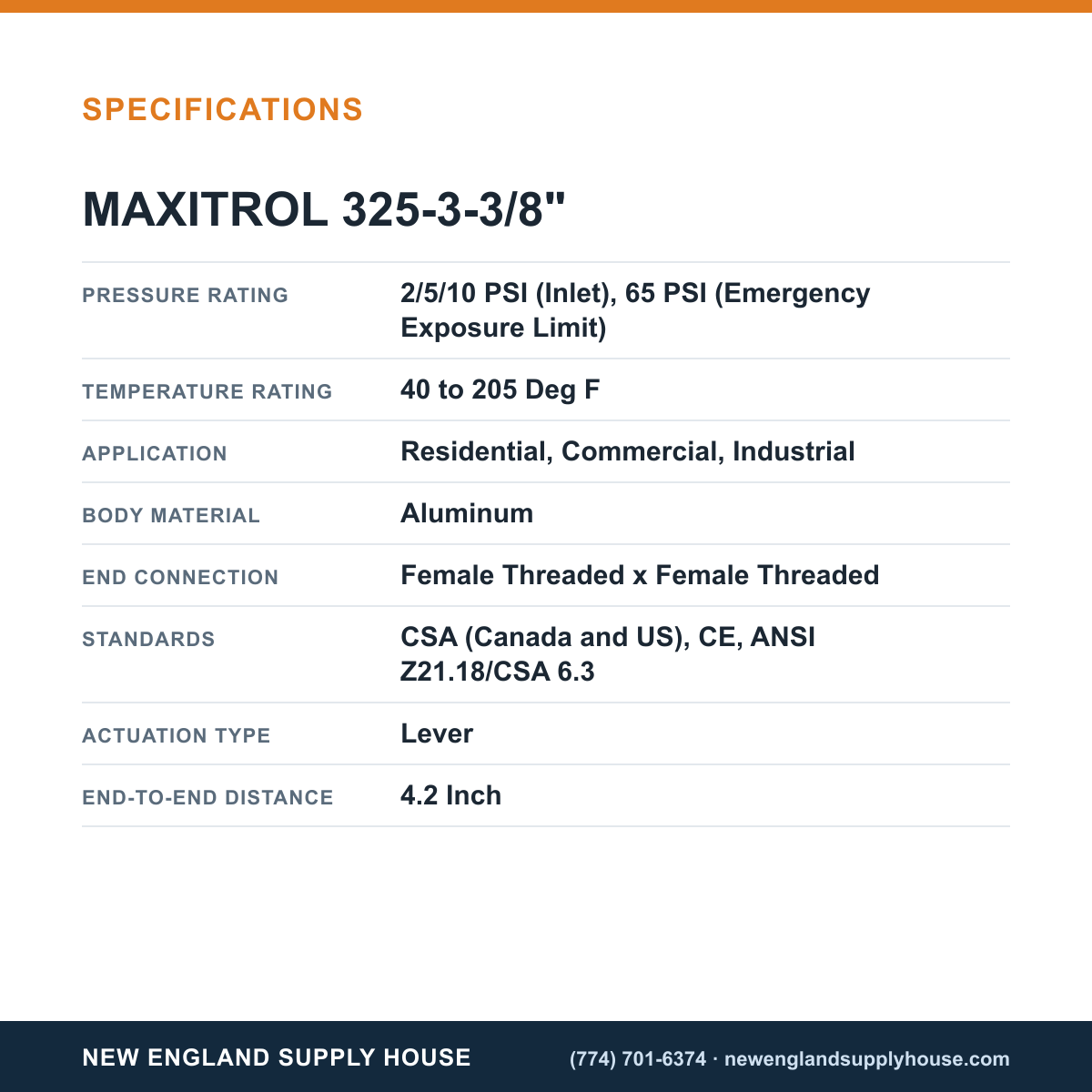Maxitrol 325-3-3/8" Gas Pressure Regulator specifications — New England Supply House [NESH-SPECTABLE-V1]