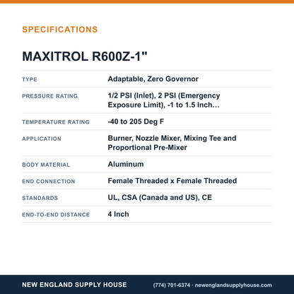 Maxitrol R600Z-1" Gas Pressure Regulator specifications — New England Supply House [NESH-SPECTABLE-V1]
