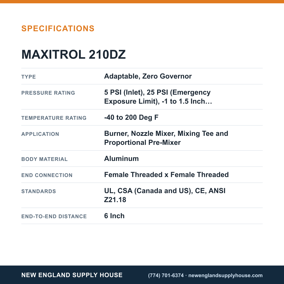 Maxitrol 210DZ Gas Pressure Regulator specifications — New England Supply House [NESH-SPECTABLE-V1]