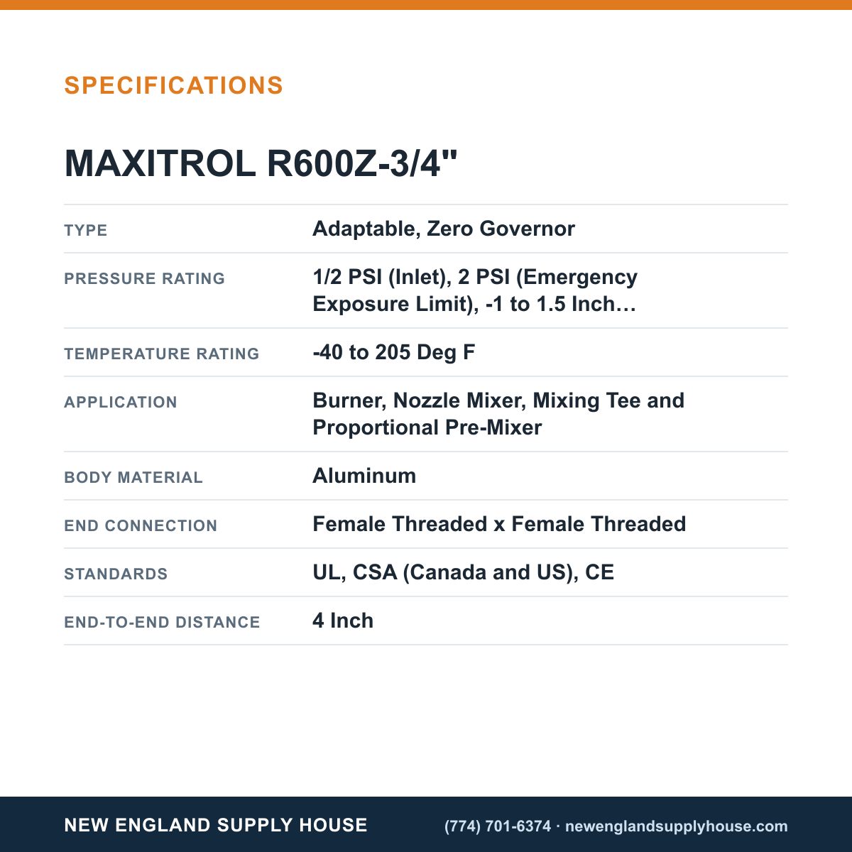 Maxitrol R600Z-3/4" Gas Pressure Regulator specifications — New England Supply House [NESH-SPECTABLE-V1]
