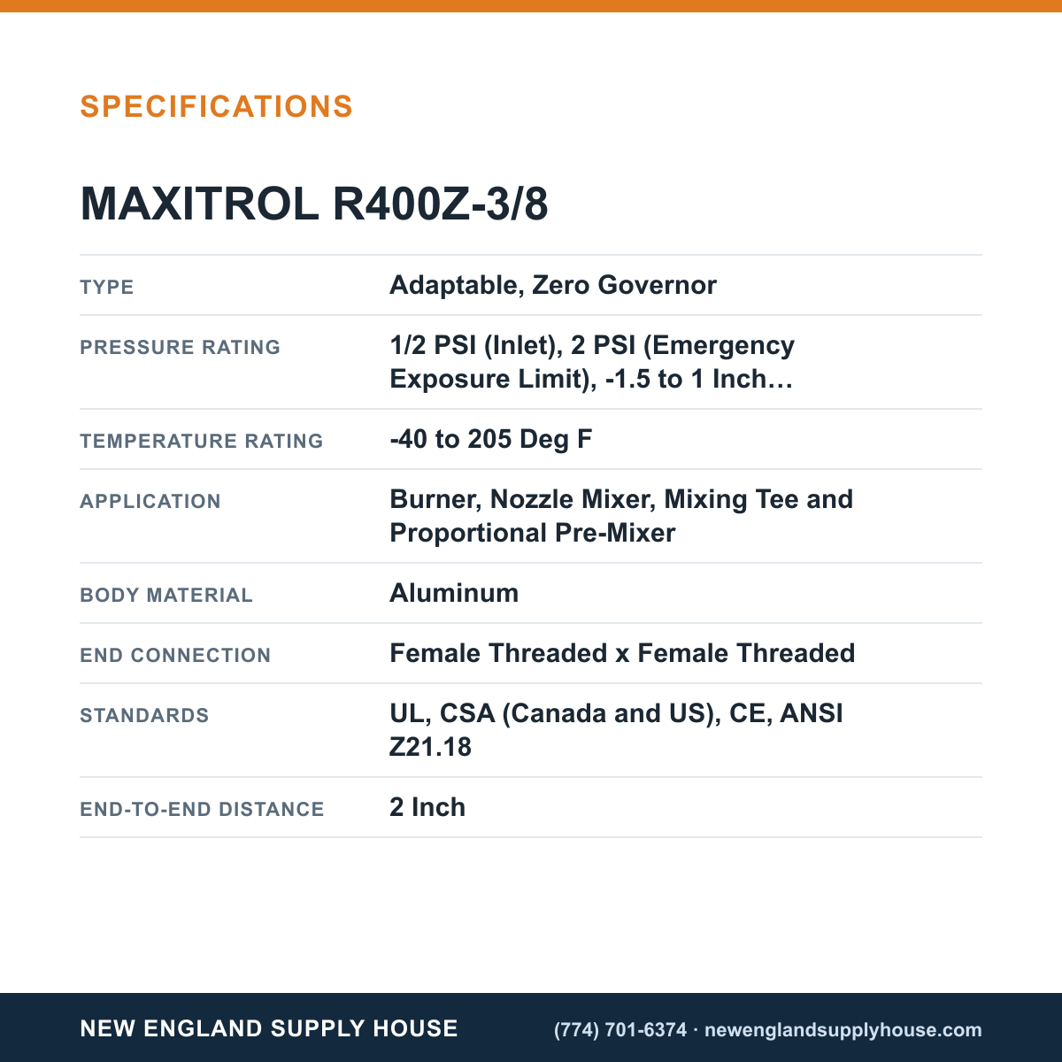 Maxitrol R400Z-3/8 Gas Pressure Regulator specifications — New England Supply House [NESH-SPECTABLE-V1]